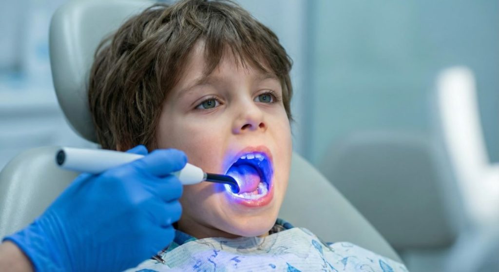 Dentist applying protective dental sealants to a young patient's teeth at Yonge Wellesley Dental in Toronto.
