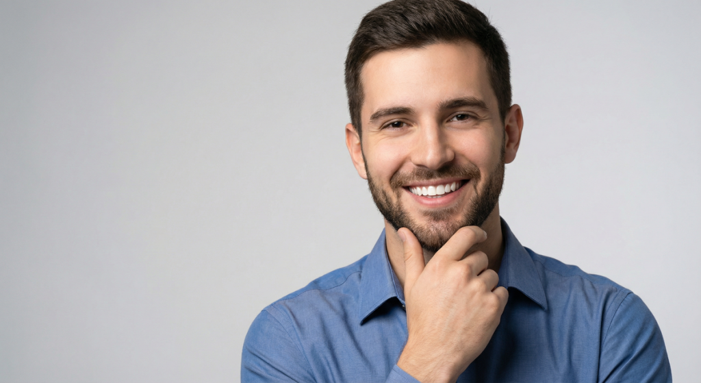 A patient showing a confident, restored smile after Full Mouth Rehabilitation at Yonge Wellesley Dental in Toronto