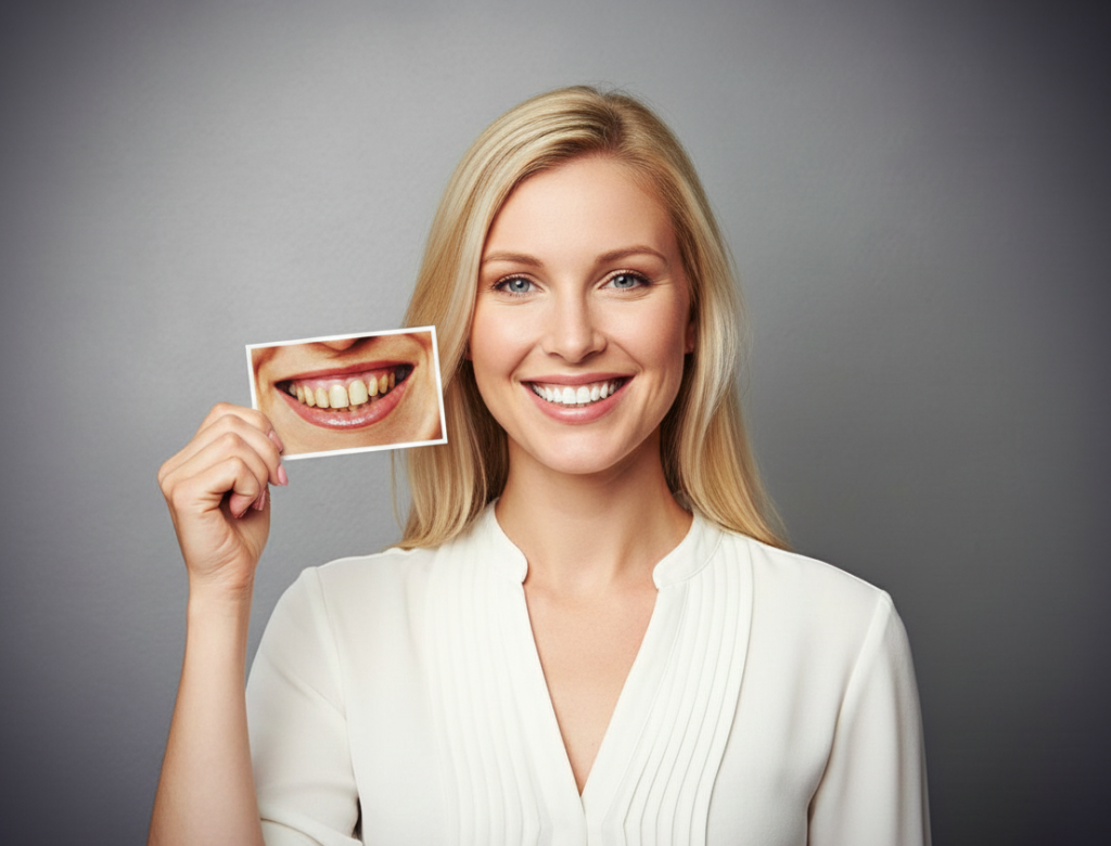 Hollywood Smile Makeover before and after teeth whitening transformation shown by a dentist patient at Yonge Wellesley Dental in Toronto