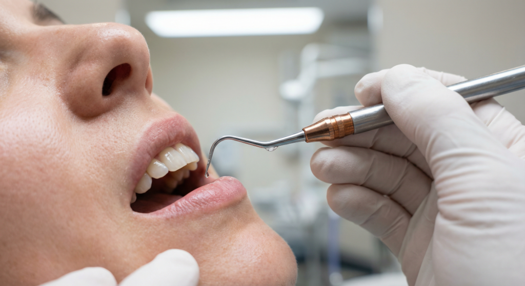 Teeth cleaning and plaque removal procedure performed by a dentist at Yonge Wellesley Dental in Toronto