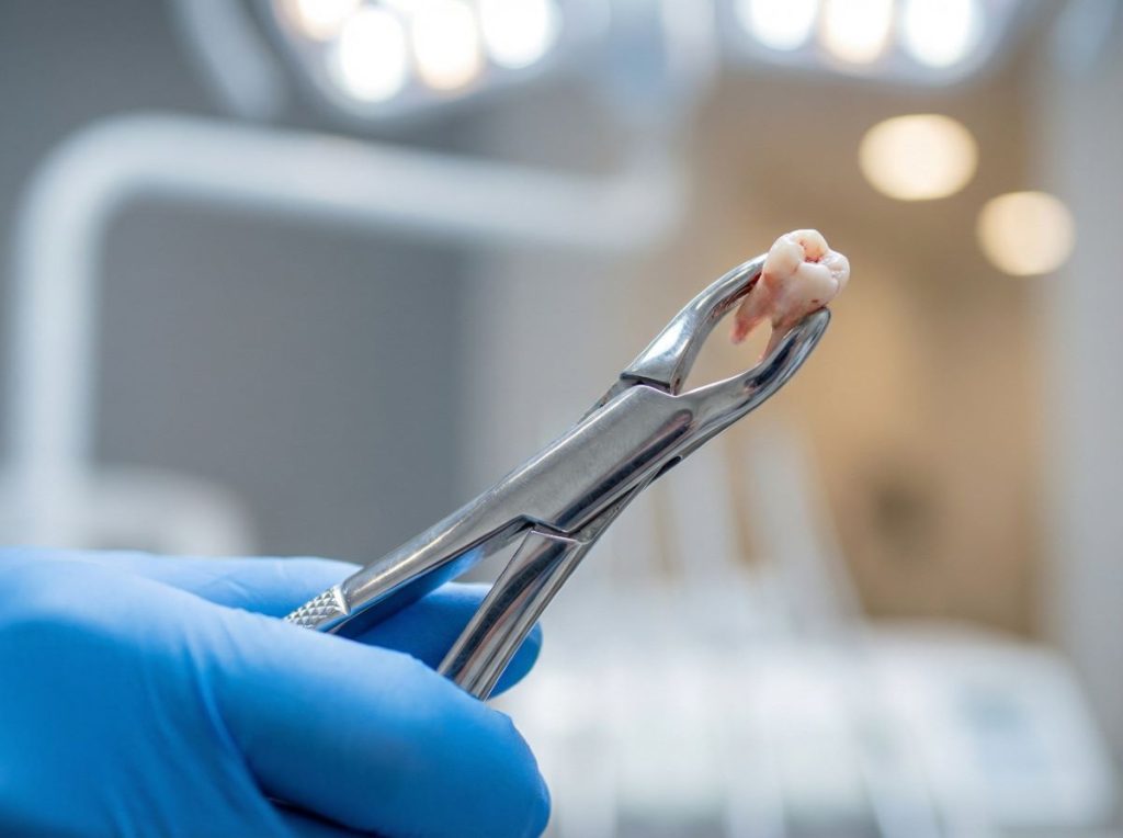 Tooth Extraction dental forceps holding an extracted molar by a dentist at Yonge Wellesley Dental in Toronto