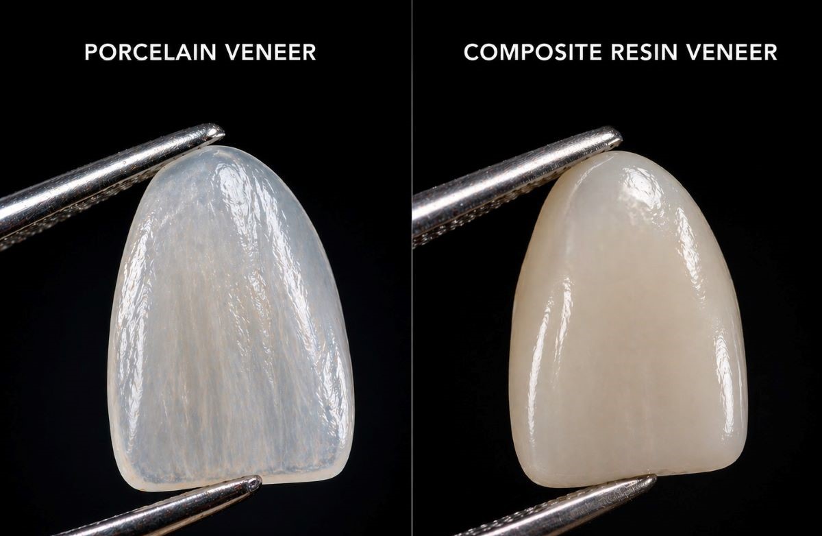 Close-up clinical comparison of Porcelain vs Composite Veneers offered at our Toronto clinic.
