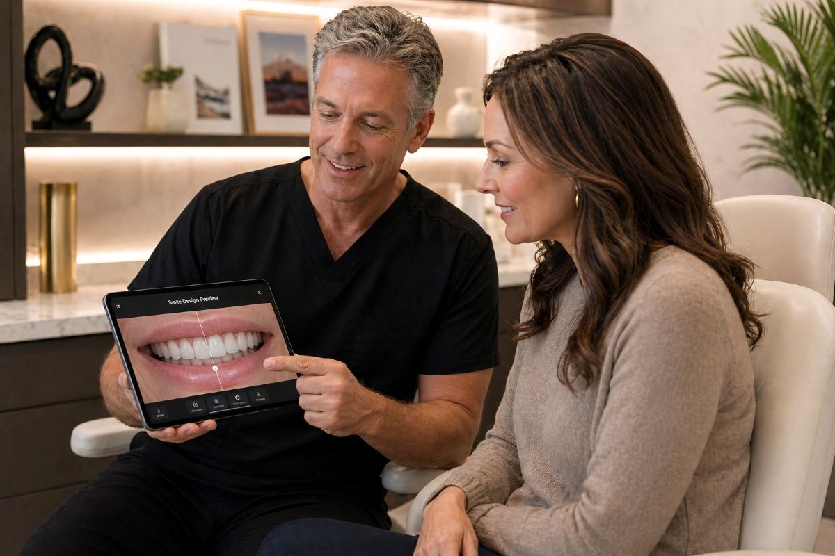 Cosmetic dentist in Toronto showing a patient their digital smile preview for custom dental veneers.